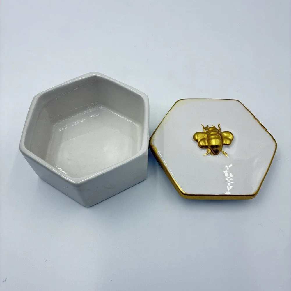 White Gold Trinket Jewelry Vanity Holder Box With Bee Hand Painted Octagon Shape
